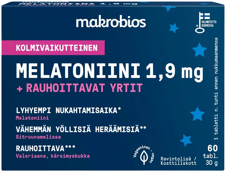 Makrobios kolmivaikutteinen Melatoniini 1,9mg + rauhoittavat yrtit 60 tablettia 30g