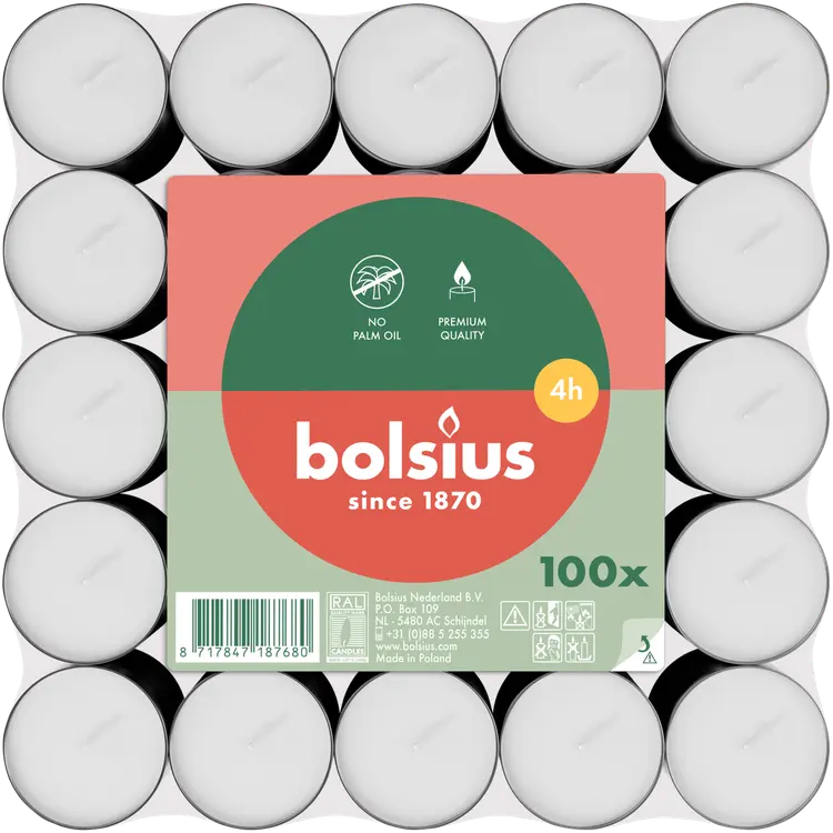Bolsius – lämpökynttilät – 4 tunnin paloaika – 100 kpl/pakkaus