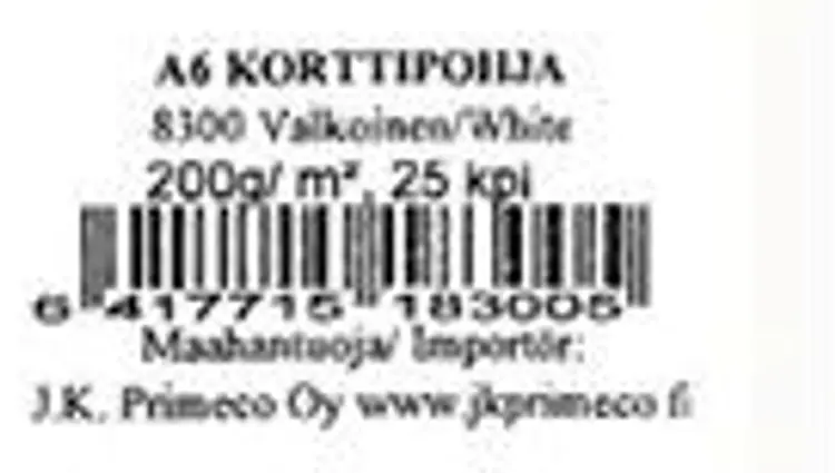 J.K. Primeco A6 korttipohja valkoinen 25 kpl/pkt