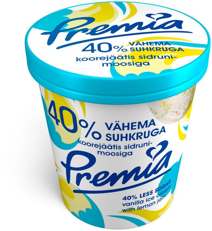 Premia 40% vähendatud suhkruga vanilli-koorejäätis sidruni 245g/0,5l