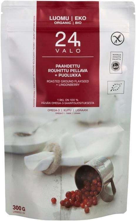 VALO24h luomu paahdettu rouhittu pellava + puolukka 300g