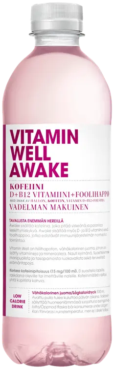 Vitamin Well Awake, vadelman makuinen vitaminoitu hiilihapoton juoma 500ml