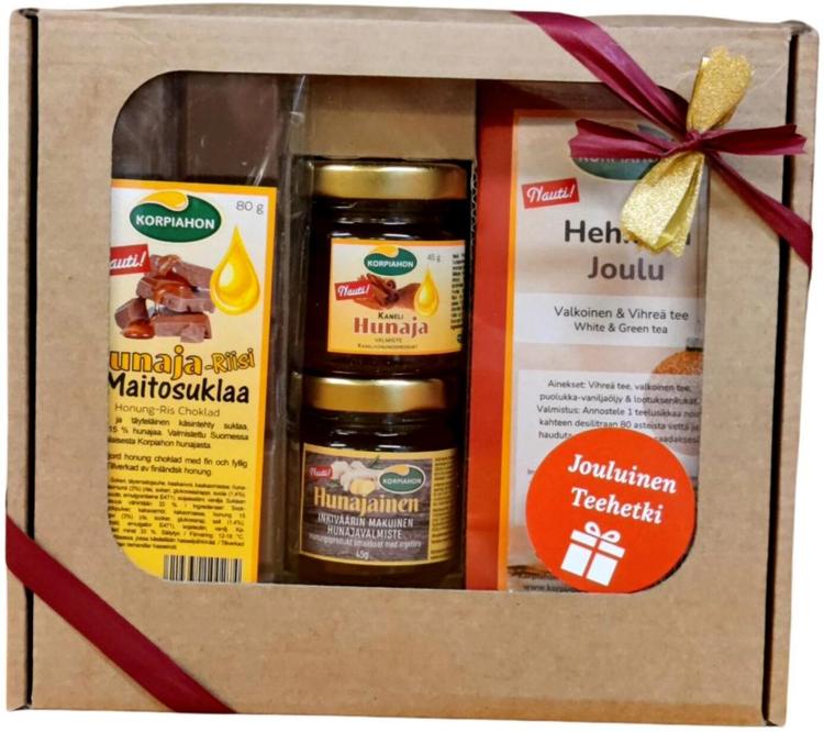 Korpiahon Hunajaherkkupakkaus sis. Tee, maustehunaja 2x45 g ja hunaja-riisisuklaalevy 80 g