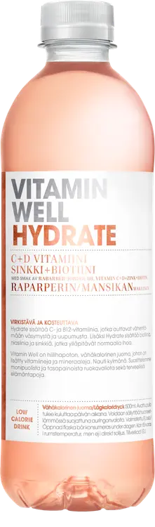 Vitamin Well Hydrate, raparperin ja mansikan makuinen vitaminoitu hiilihapoton juoma 500ml