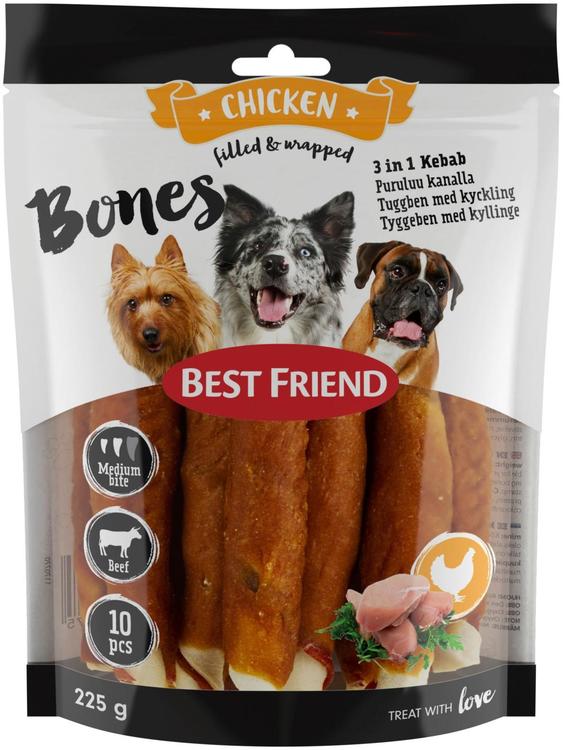 Best Friend Bones 3in1 Kebab puruluu naudannahkaa, kanaa ja vihanneksia 12cm 10kpl 225g