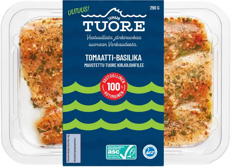 Saimaan Tuore ASC Tomaatti-basilika maustettu kirjolohifilee, 290 g.