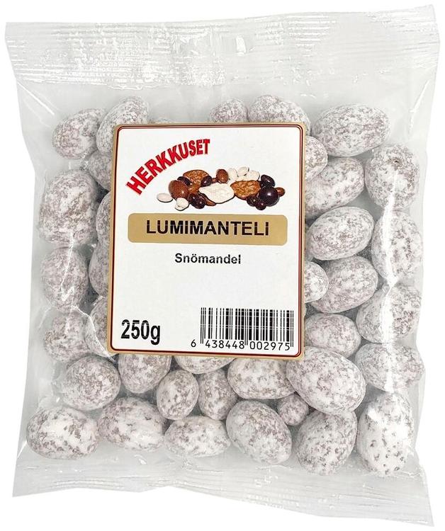 Herkkuset Lumimanteli 250 g Suklaakuorrutettuja, tomusokeripäällysteisiä manteleita