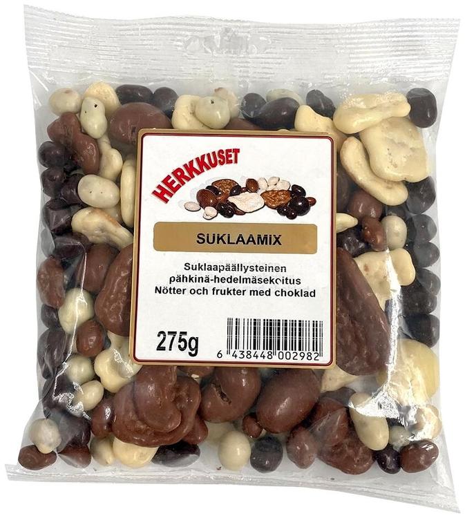 Herkkuset suklaamix 275 g suklaakuorrutettuja pähkinöitä ja kuivattuja hedelmiä