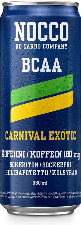 330ml NOCCO BCAA Carnival, eksoottiset hedelmät makuinen, aminohappoja, kofeiinia ja vitamiineja sisältävä hiilihapotettu energiajuoma