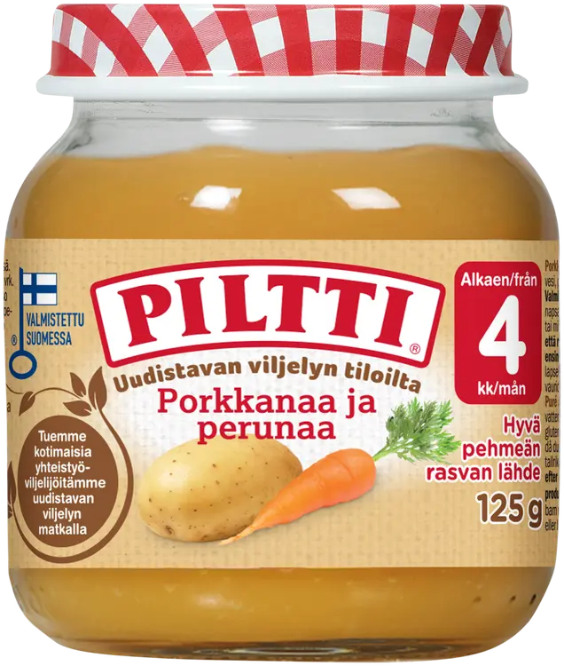 Piltti 125g Uudistavan viljelyn tiloilta porkkanaa ja perunaa kasvissose 4kk