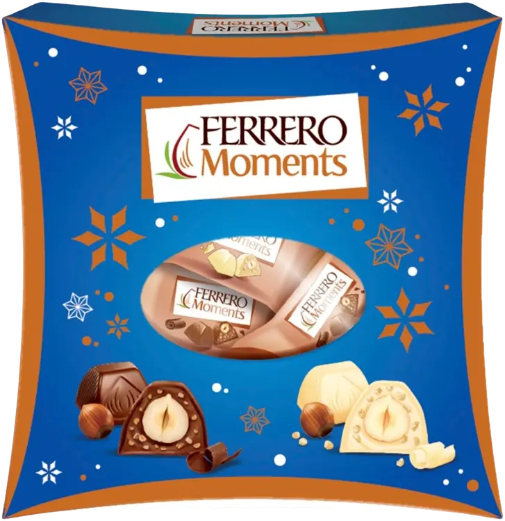 Ferrero Moments Maitosuklaa- ja suklaakonvehteja, joissa on sisällä kokonainen hasselpähkinä. Valkosuklaakonvehteja – sisällä kokonainen hasselpähkinä ja riisimuroja (5%).