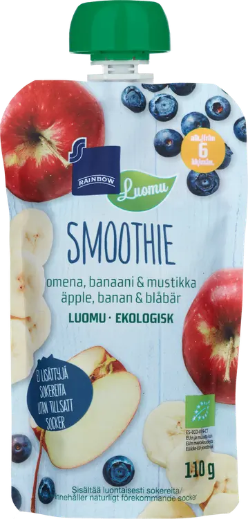 Rainbow smoothie omena, banaani & mustikka luomu 110 g 6 kk