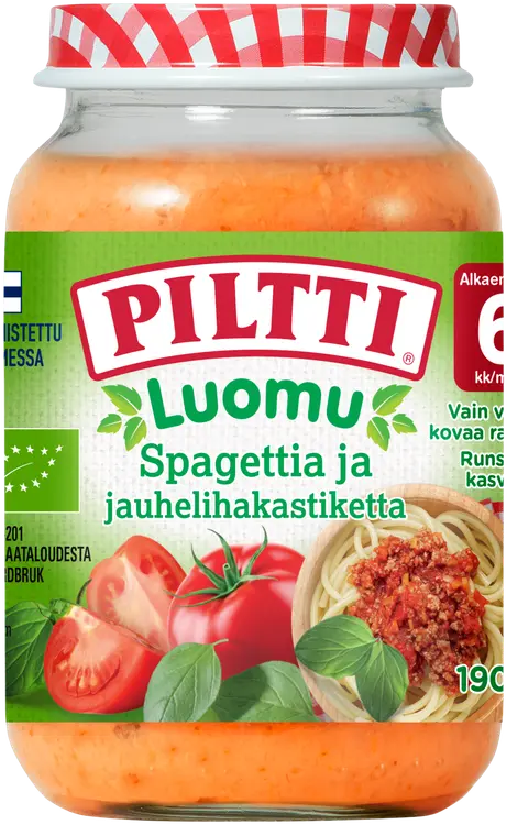 Piltti Luomu 190g Spaghettia ja jauhelihakastiketta lastenateria 6kk
