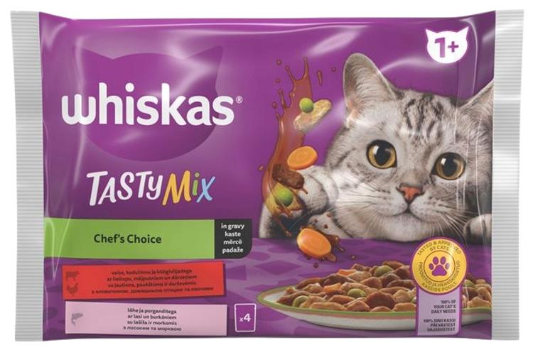 Märgtoit WHISKAS 4-pakk Tasty Mix veis, linnuliha ja köögivilja ja lõhe, porgandiga.340g
