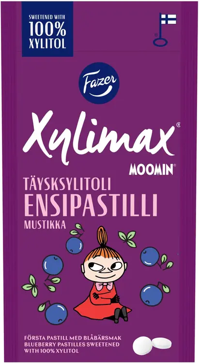 Fazer Xylimax Moomin mustikanmakuinen täysksylitoli ensipastilli 38g