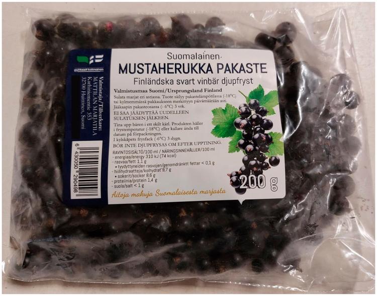 Suomalainen mustaherukka 200 g, pakaste Mattilan Marjatila Oy. Aitoja makuja Suomalaisista marjoista.