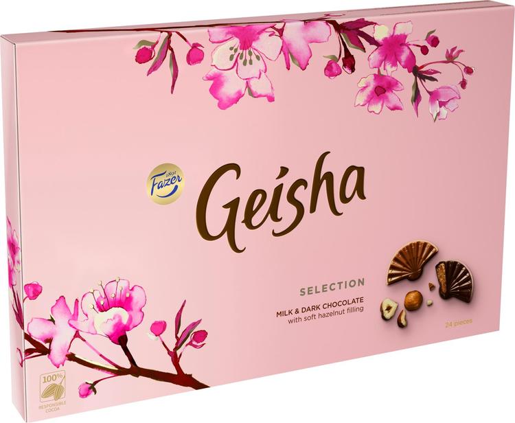 Fazer Geisha Selection hasselpähkinänougattäytteinen maitosuklaa- ja tumma suklaakonvehti 200g