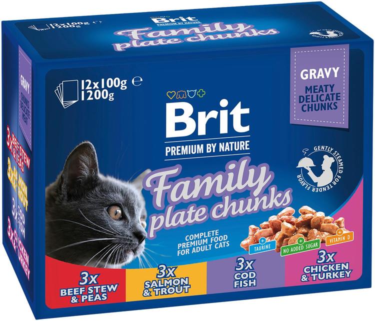 Brit Premium by Nature Paloja kastikkeessa liha-kala kissoille Family plate lajitelma 12x100 g
