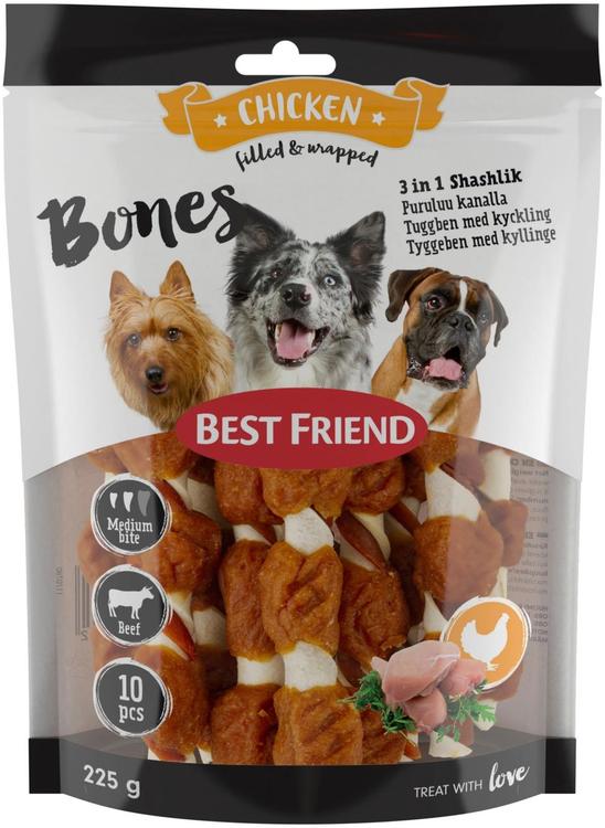 Best Friend Bones 3in1 Shashlik puruluu naudannahkaa, kanaa ja vihanneksia 12cm 10kpl 225g