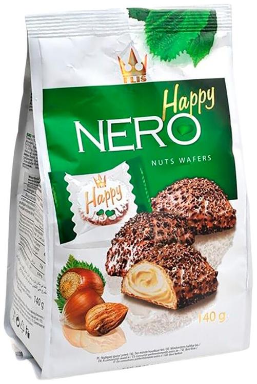 Flis Happy Nero vohvelikonvehteja hasselpähkinätäytteellä ja matiosuklaakuorrutteella, jossa suklaahippuja140g