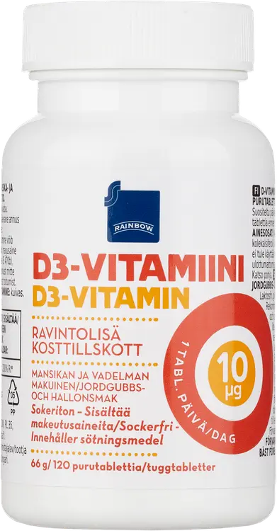 Rainbow D3-vitamiini 10μg ravintolisä 66 g/120 purutablettia mansikan- ja vadelmanmakuinen