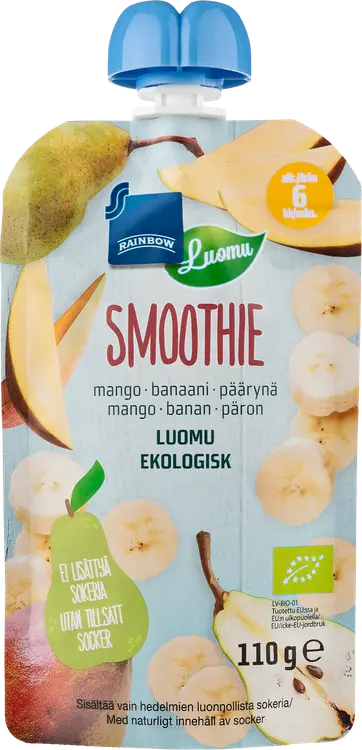 Rainbow 110g Smoothie 6kk mango-banaani-päärynä, luomu