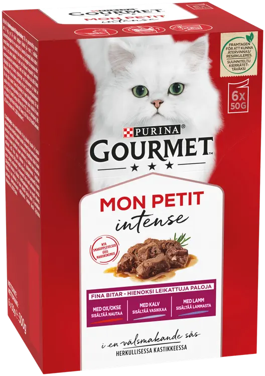 Gourmet 6x50g Mon Petit Sisältää Nautaa, Vasikkaa ja Lammasta lajitelma 3 varianttia kissanruoka