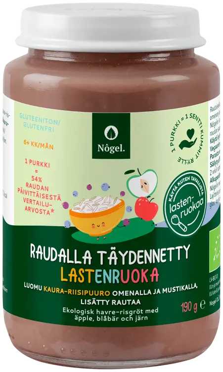 Nôgel luomu kaura-riisipuuro omenalla ja mustikalla, lisätty rautaa, 190 g