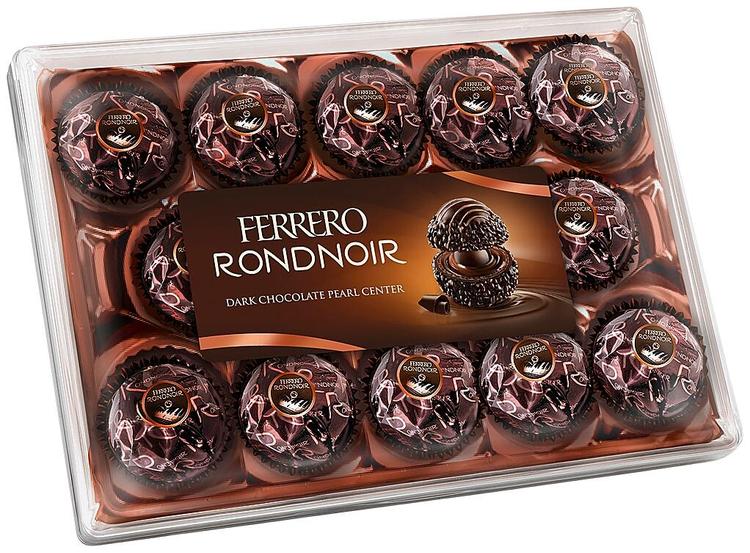 Ferrero Rondnoir: rapeita tummasuklaapäällysteisiä vohvelierikoisuuksia vähärasvaisella kaakaokreemitäytteellä, ytimenä tummaa suklaata