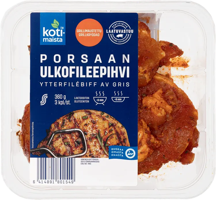 Kotimaista porsaan ulkofileepihvi grillimaustettu 3 kpl 360 g