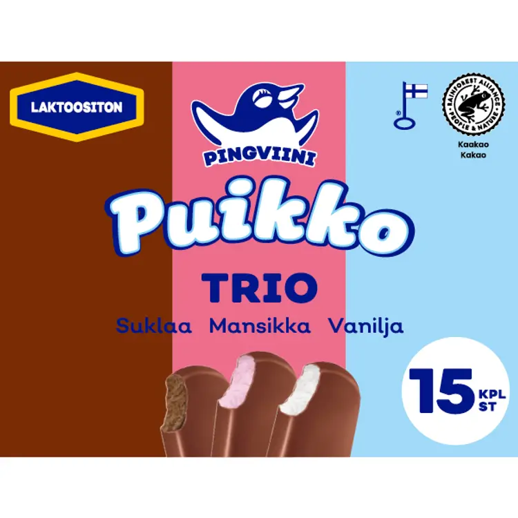 Pingviini Puikko laktoositon kermajäätelöpuikkolajitelma monipakkaus Trio 15x32g