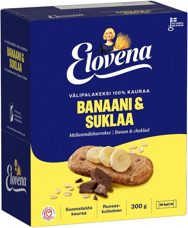 Elovena 10x30g banaani-suklaa täysjyvä välipalakeksi 100% kauraa