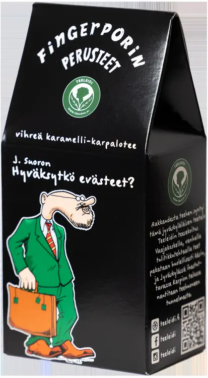 Teeleidin Fingerporin perusteet; J.Suoron Hyväksytkö evästeet, vihreä tee karpalolla ja karamellilla 60g