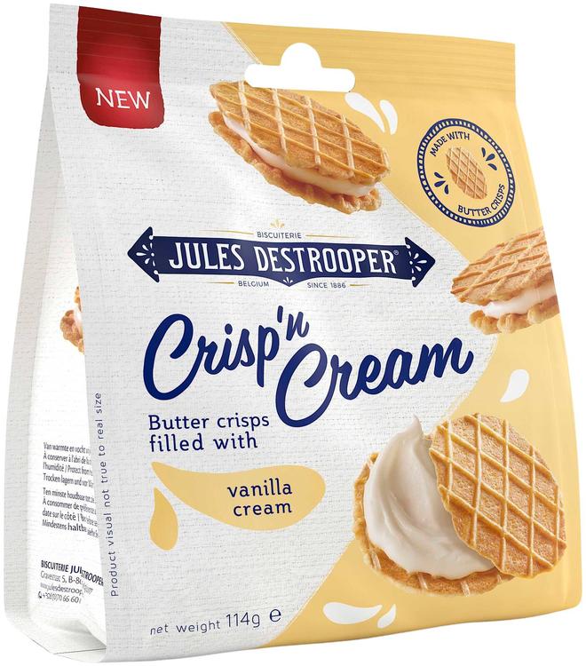 Jules Destrooper Crisp 'n Cream Vanilla 114g, Voikeksejä, joissa vaniljakreemitäytettä