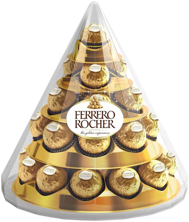 Ferrero Rocher Cone maitosuklaalla ja hasselpähkinärouheella kuorrutettu rapea vohvelierikoisuus sisällä kokonainen hasselpähkinä hasselpähkinäkreemissä 28kpl