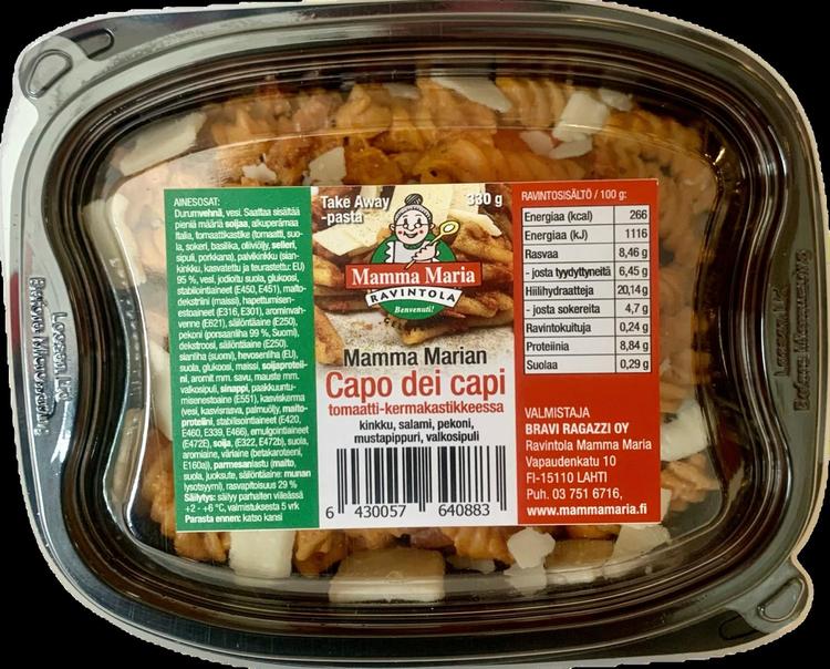 Mamma Marian Capo dei capi pasta kinkku, salami, pekoni, mustapippuri, valkosipuli tomaatti-kermakastike