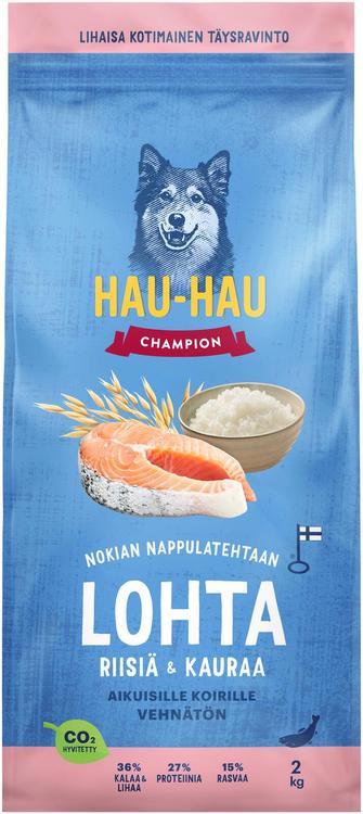 Hau-Hau Champion Nokian Nappulatehtaan Lohta, riisiä & kauraa täysravinto aikuisille koirille 2 kg