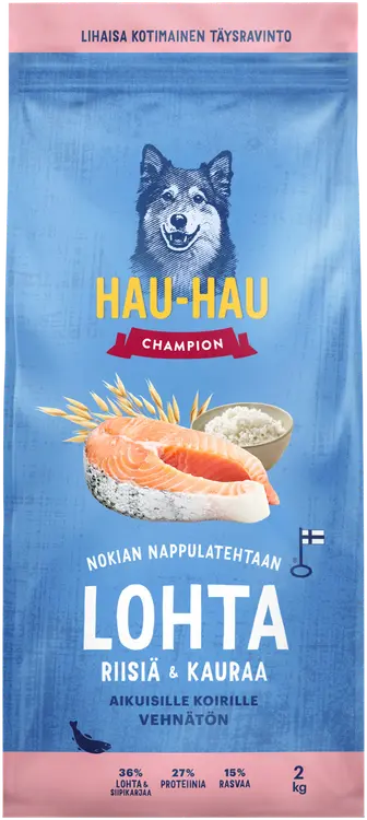 Hau-Hau Champion Nokian Nappulatehtaan Lohta, riisiä & kauraa täysravinto aikuisille koirille 2 kg