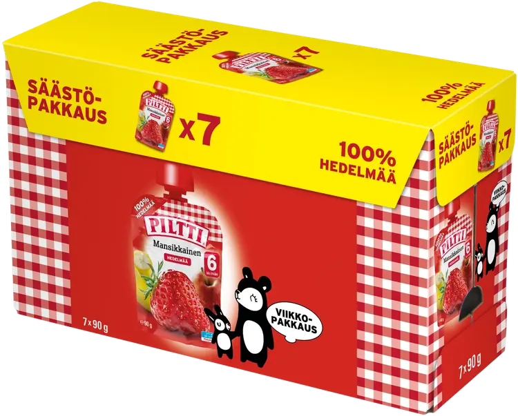 Piltti 7x90g Mansikkainen 100 % hedelmää omenaa, banaania, mansikkaa 6kk annospussi