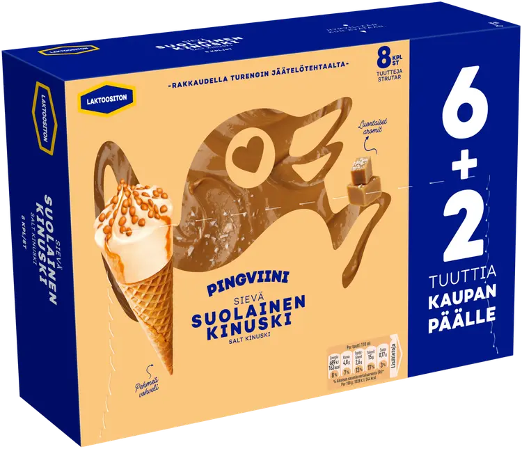 Pingviini Suolainen Kinuski Laktoositon jäätelötuutti monipakkaus 8x67g