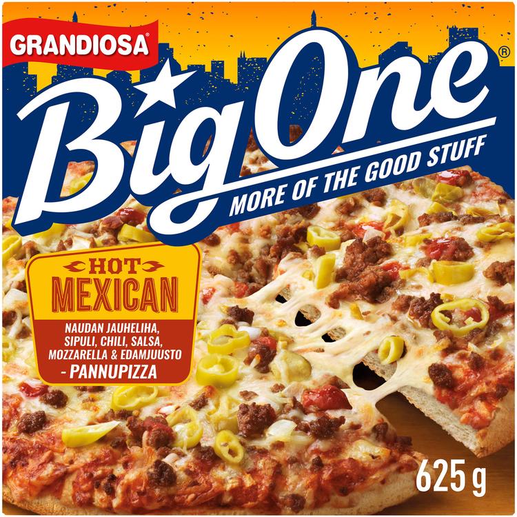 Grandiosa BigOne pan pizza hot mexican, juustoa, jauhelihaa, salsaa ja chiliä 625g