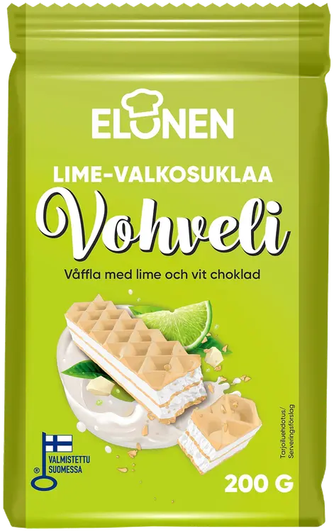 Elonen lime-valkosuklaavohveli 200g kuorruttamaton vohveli lime ja valkosuklaa makuisella täytteellä