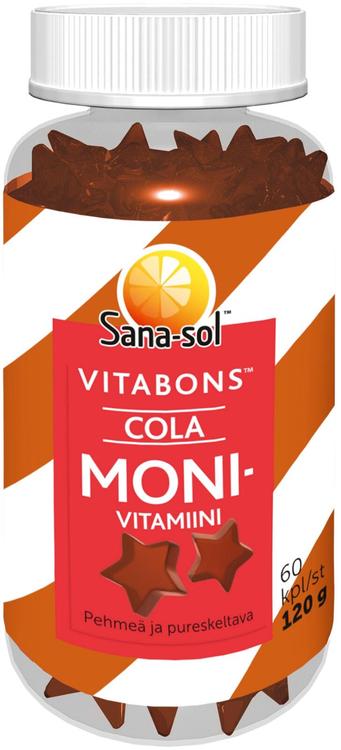 Sana-sol Vitabons Pehmeä ja pureskeltava monivitamiini-kivennäisainevalmiste, colanmakuinen sokeriton ravintolisä 60 kpl