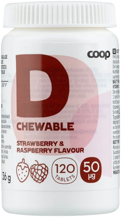 Coop D-vitamiini 50μg Mansikka-Vadelma 120 purutablettia