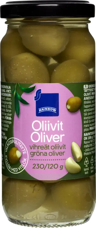 Rainbow vihreät oliivit valkosipulitäytteellä 240/120 g