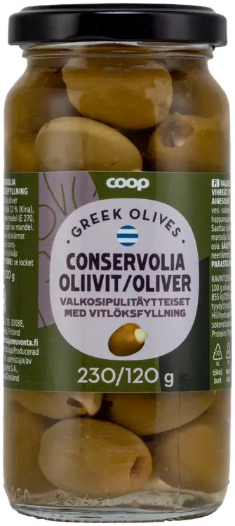 Coop vihreät oliivit valkosipulitäytteellä 240/120 g