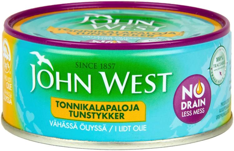 John West NoDrain Meheviä tonnikalapaloja valmiiksi valutettuina vähässä auringonkukkaöljyssä 120g