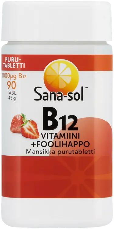 Sana-sol B12-vitamiini 1000µg+foolihappo Mansikka purutabletti ravintolisä 90tabl/45g