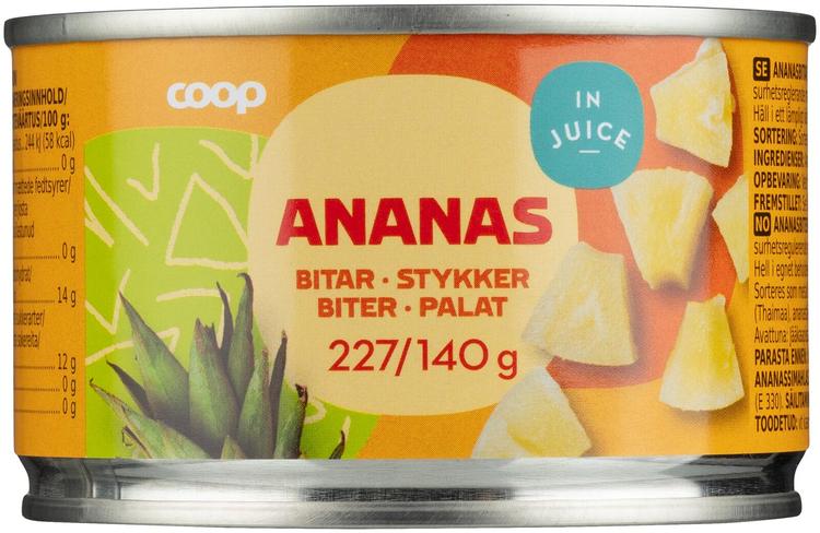 Coop ananassitükid ananassimahlas 227/140g