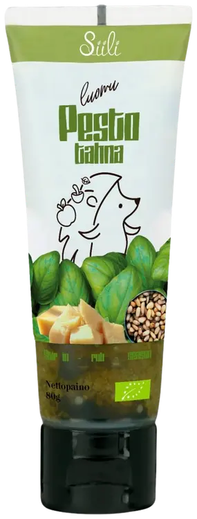 Siili Luomu Pestotahna 80 g 
Hienonnettu pesto, johon sekoitettu öljyä sekä Välimeren sitruunamehua.